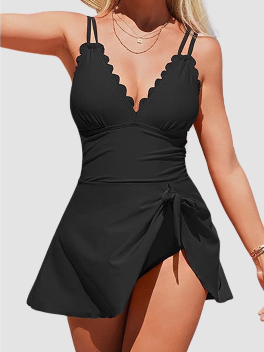 LilyLove Black Scalloped V-Neck Swimdress with Side Tie. Never worn. NWOT